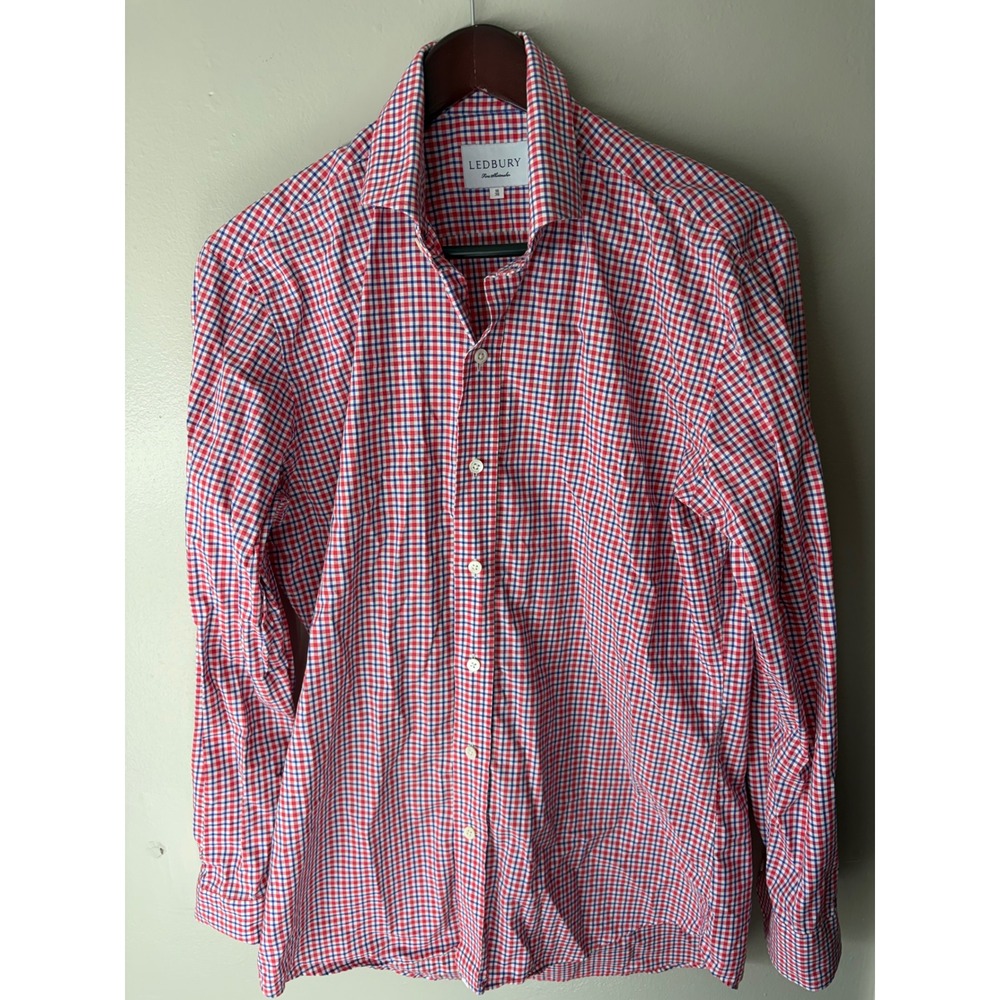 Ledbury Mens Red Blue Multi Check Button Down Shirt 16 35 Spread Collar Cotton